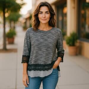 Multiples Womens Tunic Size Large Textured Lace Sweater Black Gray White‎ Mixed